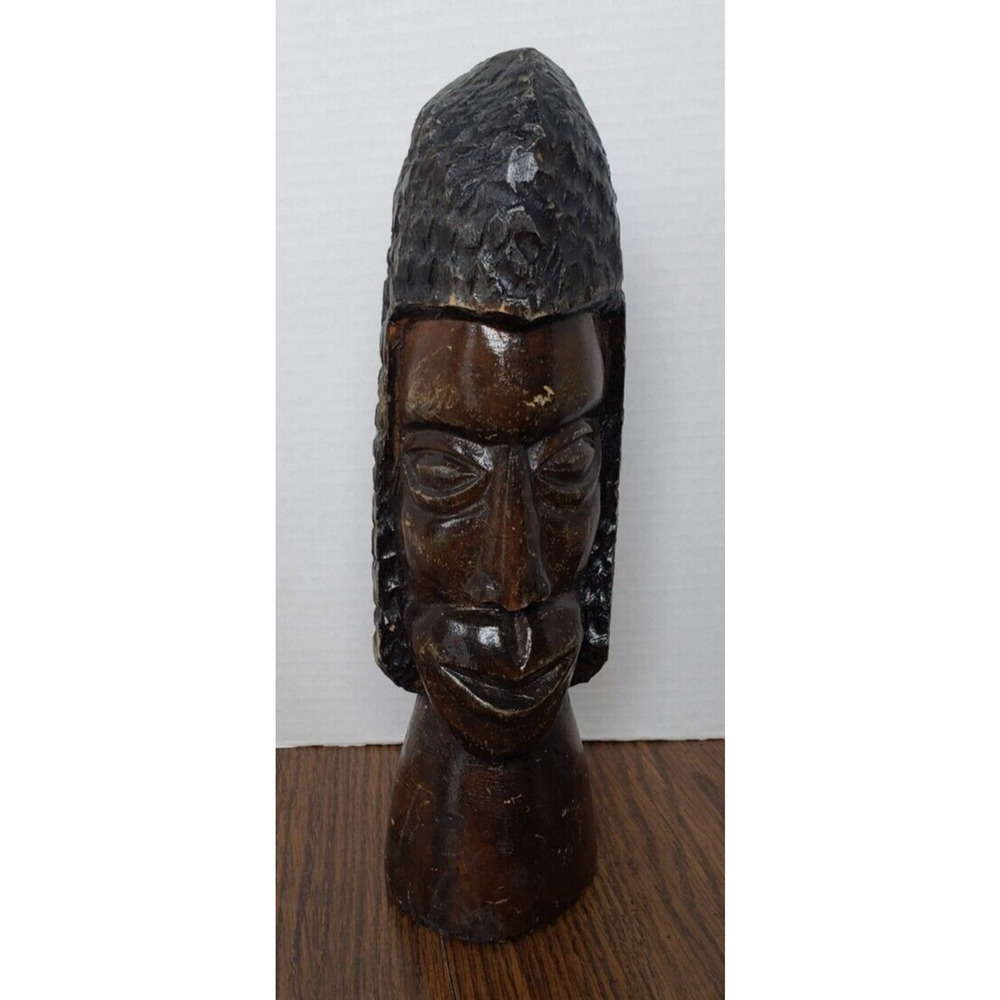 Wooden African Statue Male Warrior Figure Face Black Brown Tribal Carved